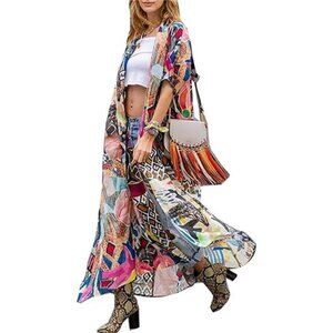 Over Sized Kimonos Women's Geometry Print Rayon Kimonos for Summer Loose Open